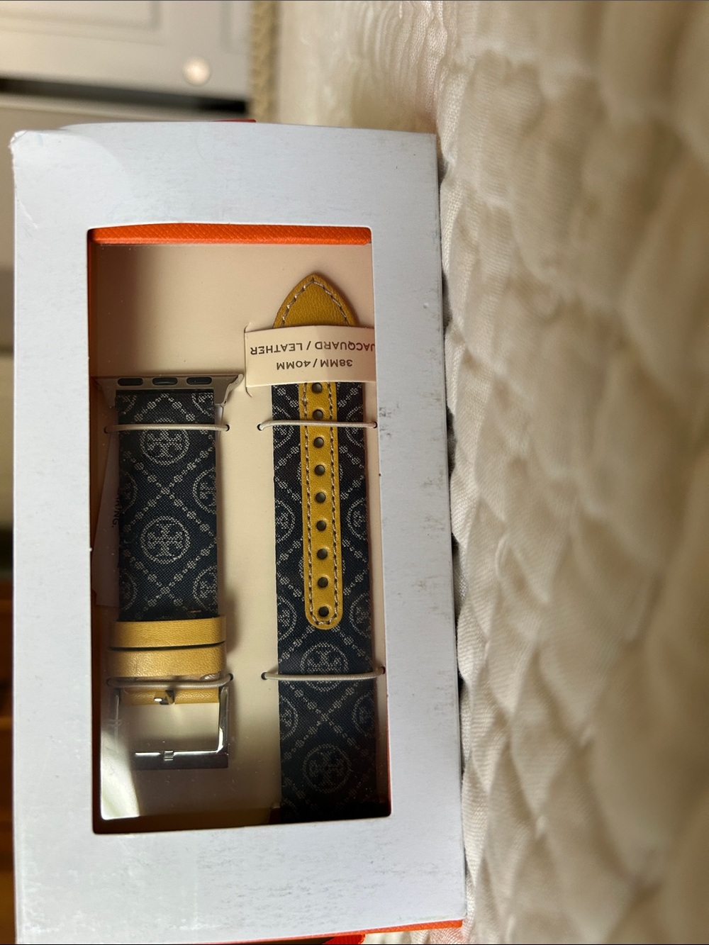 NEW!!  Tory Burch Leather-Trimmed Patterned Watch Strap in Yellow and Black